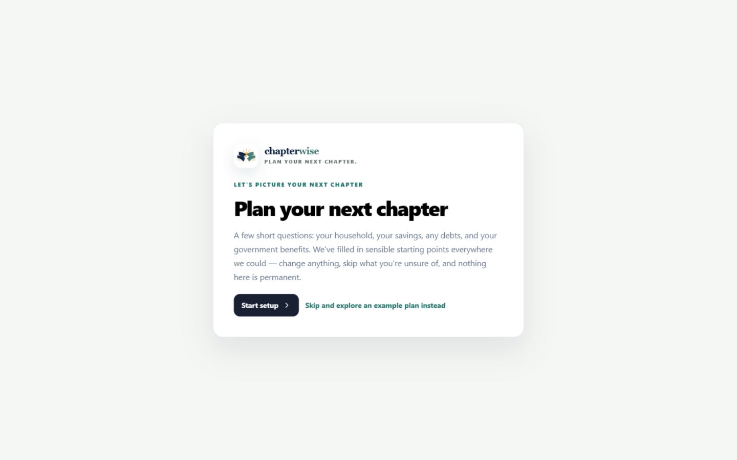 Chapterwise welcome screen introducing the guided setup.