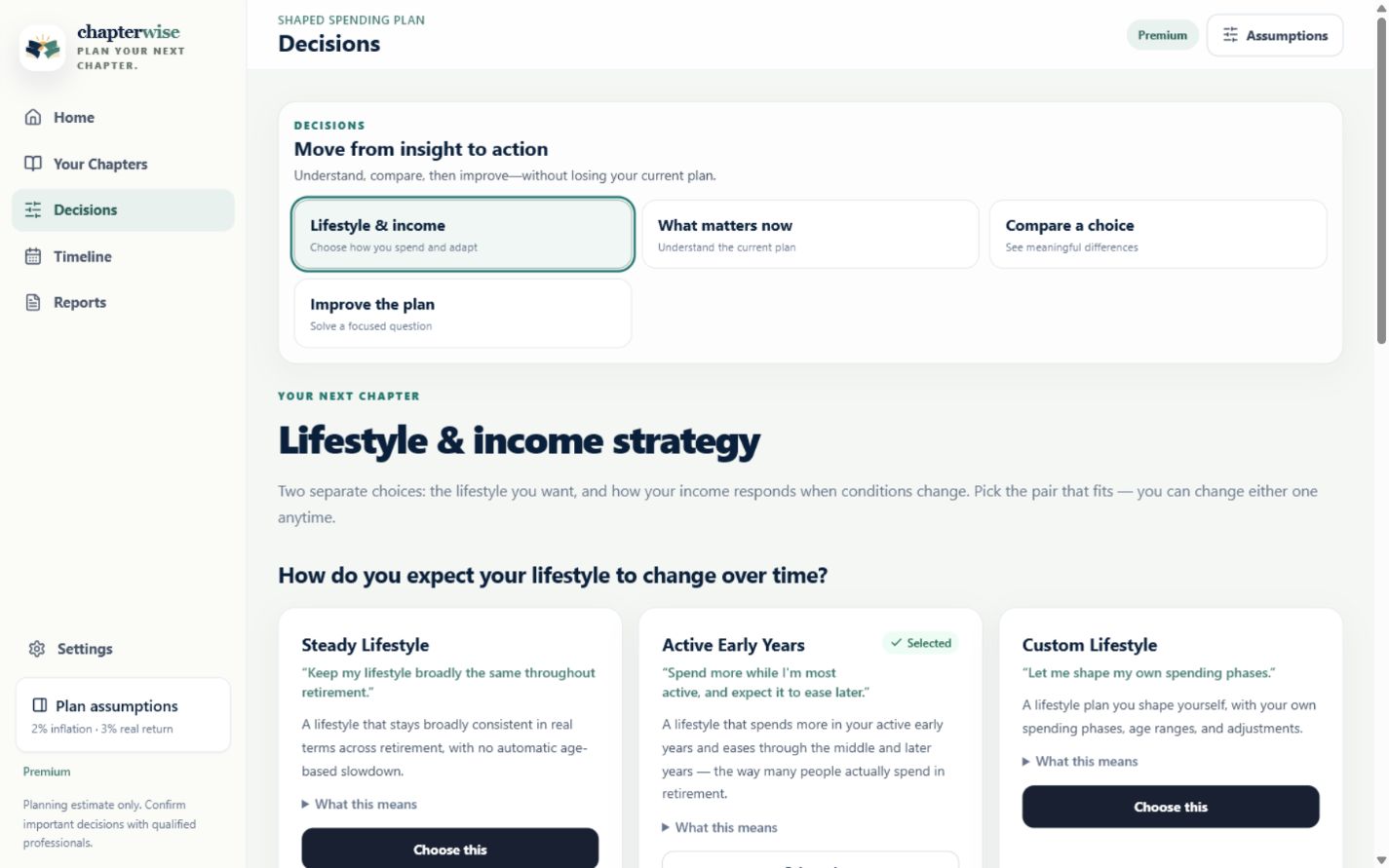 Chapterwise Decisions workspace for comparing retirement lifestyle and income strategies